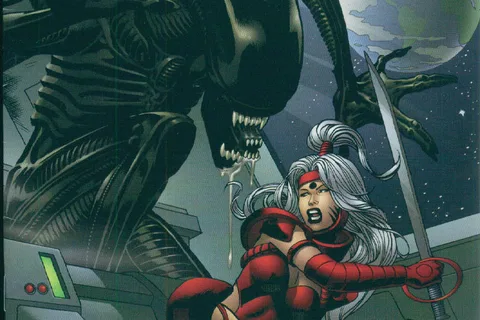 Gil Kane and Kevin Nowlan's variant cover for WildC.A.T.s/Aliens, Zealot raising her sword as a Xenomorph looms over her inside a space station