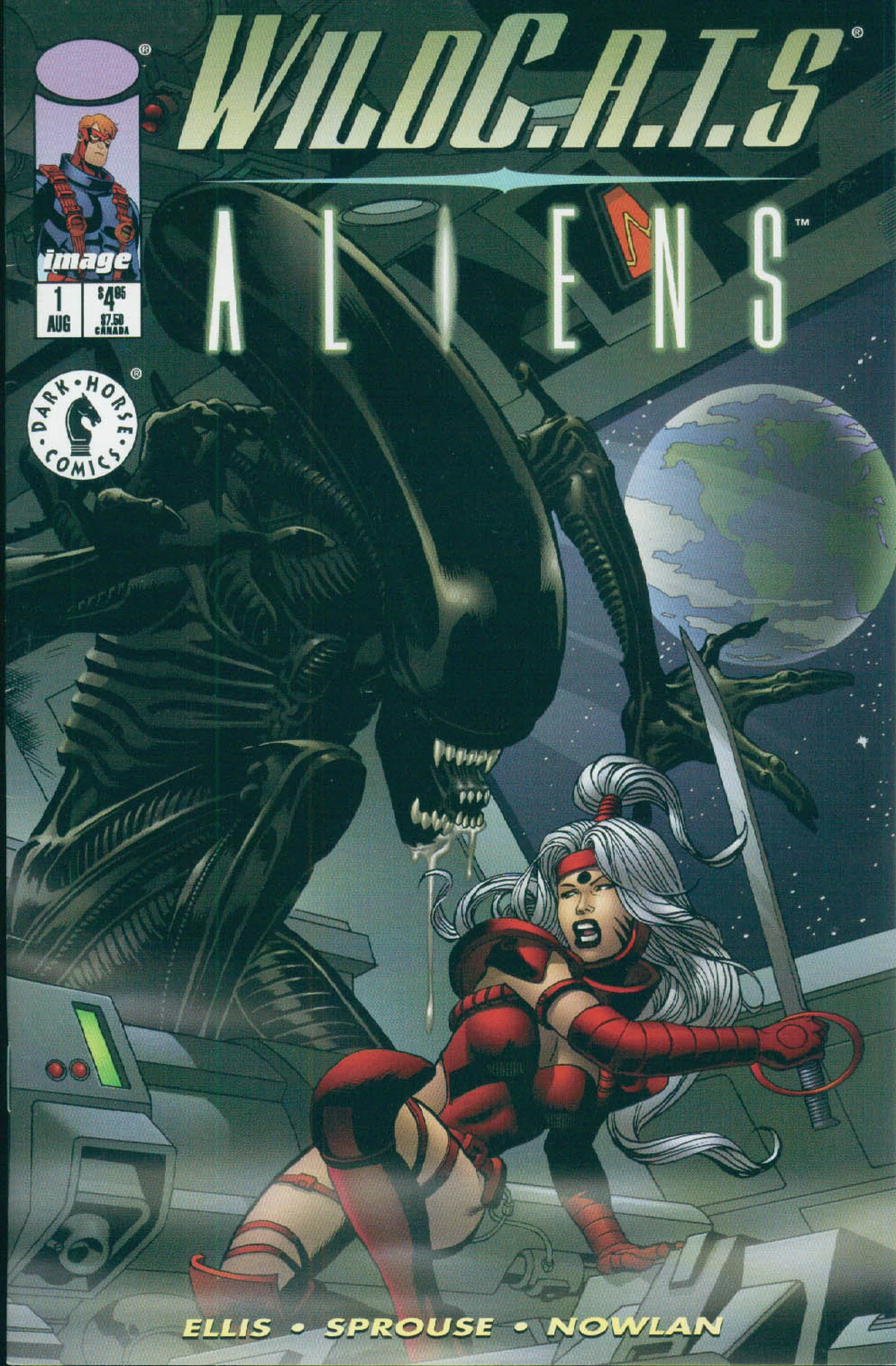 Gil Kane and Kevin Nowlan's variant cover for WildC.A.T.s/Aliens, Zealot raising her sword as a Xenomorph looms over her inside a space station