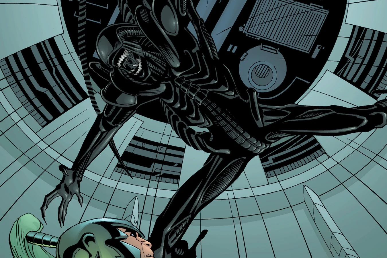 A Xenomorph dropping from the ceiling of the Officers' Lounge onto Warblade