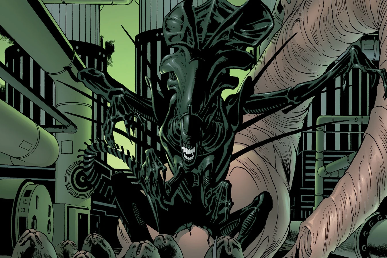 Zealot slashing through Xenomorphs as Grifter fires behind her, acid blood spraying across the corridor