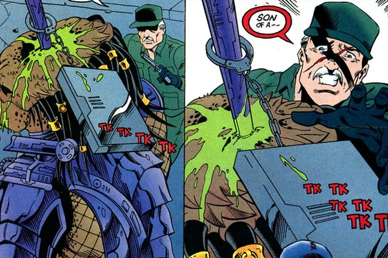 Stanton reaching for the ticking bomb case chained to the dead Predator in X #18