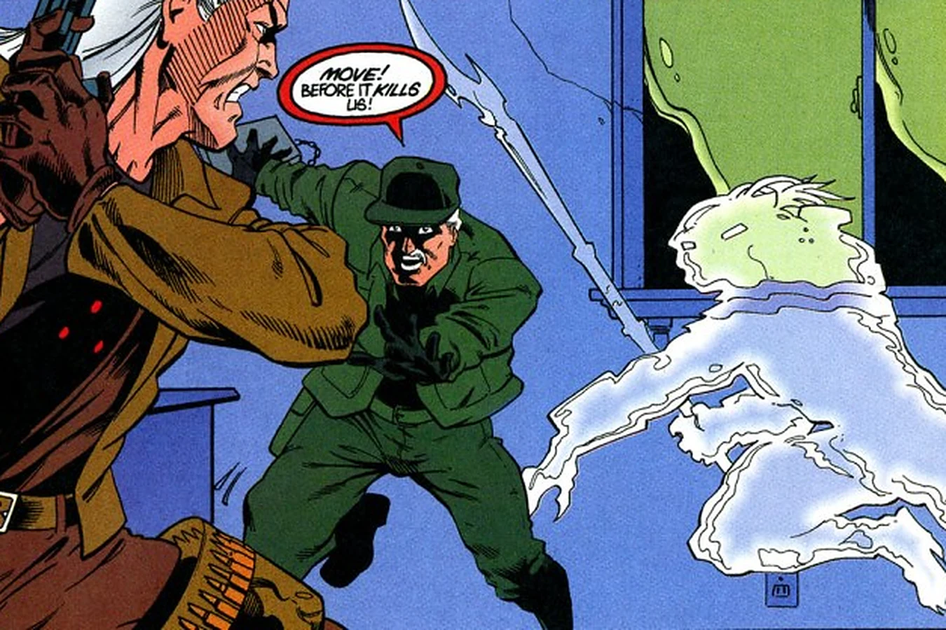 The cloaked Predator stalking One-Shot and Stanton through a federal office in X #18