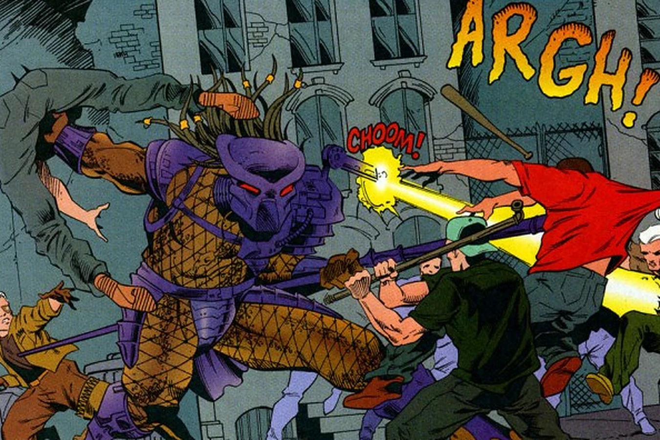 The Predator tearing into a street gang with its plasma caster and blades as One-Shot hides nearby in X #18