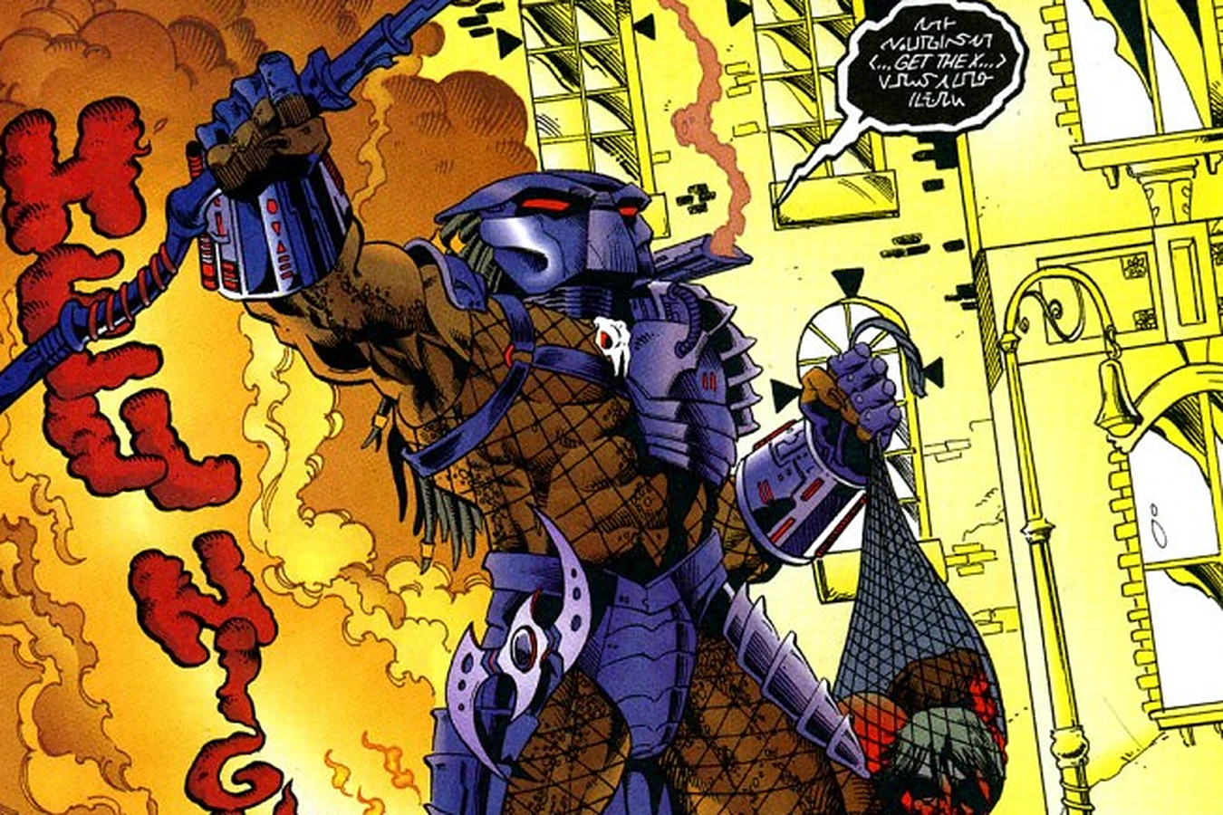 The Predator holding its spear and a net full of severed heads in front of a burning Porsche in X #18
