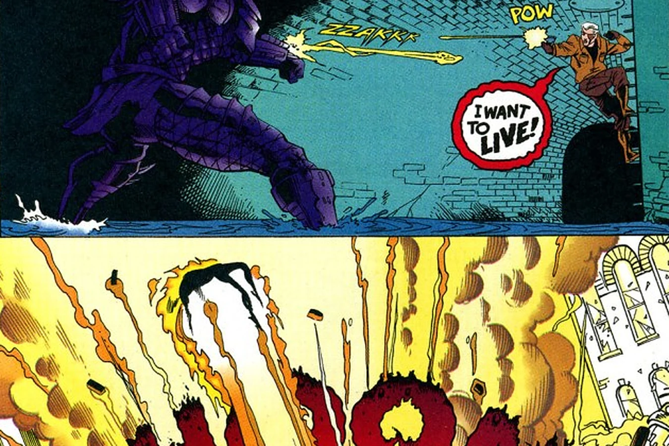 The Predator firing at One-Shot in the sewer moments before the gas explosion in X #18