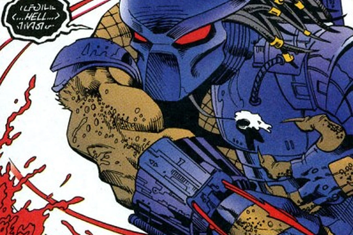 The Predator with its bloodied wristblades after killing a thief outside the Federal Building in X #18