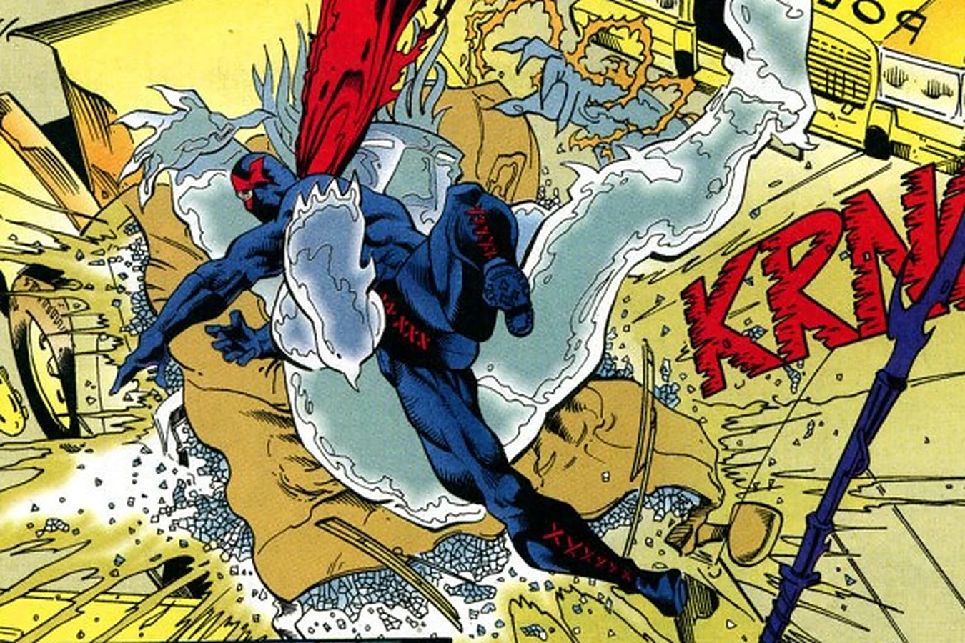 X and the cloaked Predator smashing into a police car after falling from the Federal Building in X #18