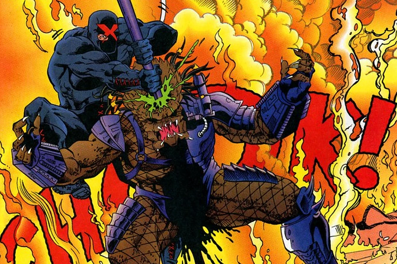 X driving the Predator's own spear down through its skull amid the flames in X #18