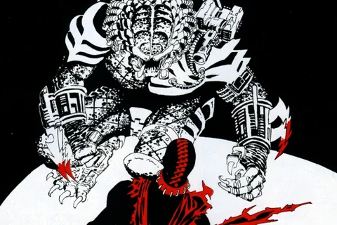 Frank Miller's cover for X #18, the Predator looming over X as he crouches with a knife in each hand