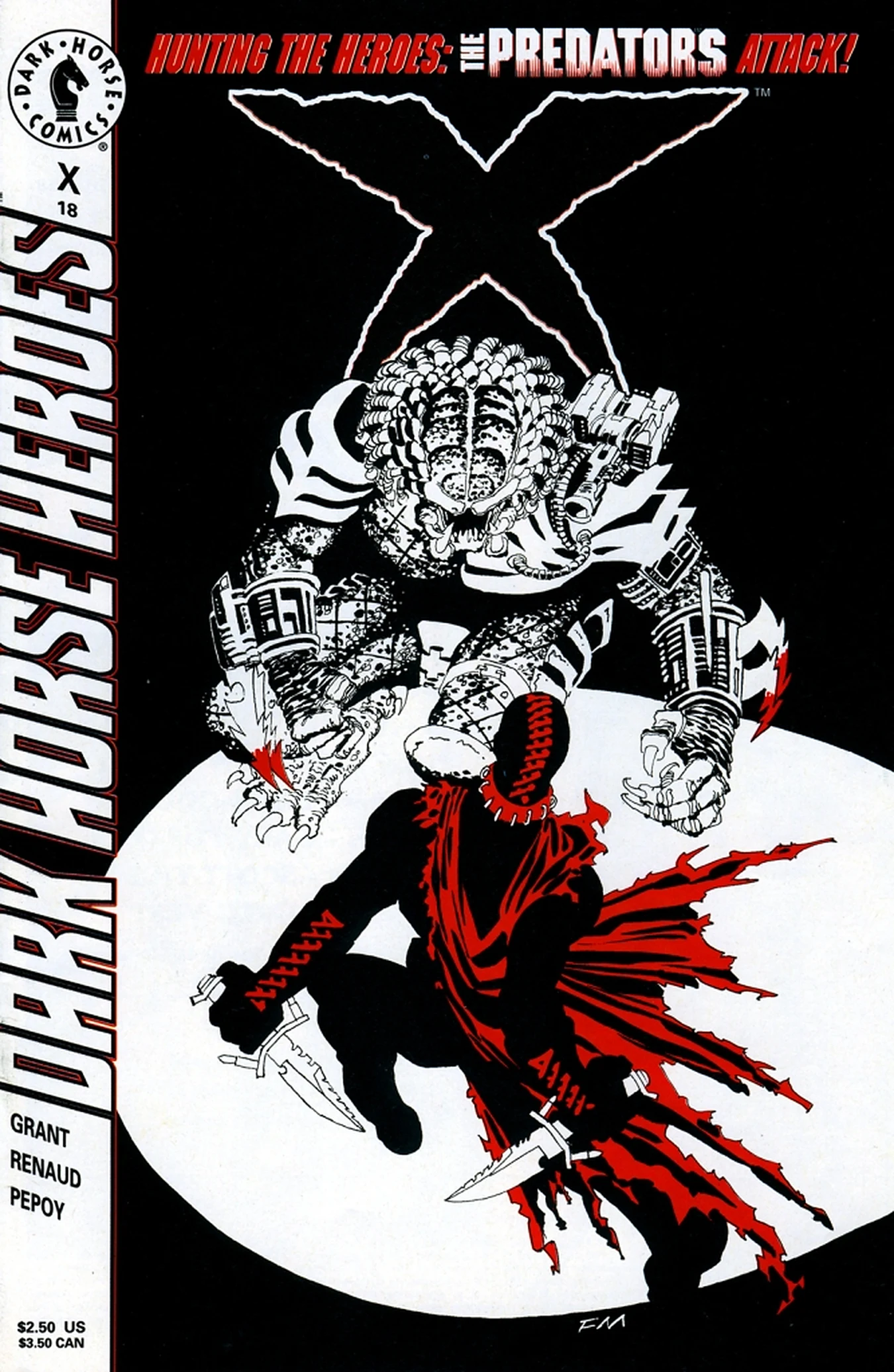Frank Miller's cover for X #18, the Predator looming over X as he crouches with a knife in each hand