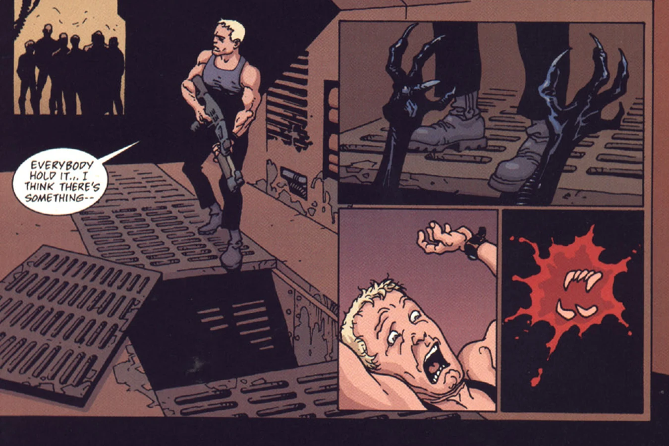 Elgyn dragged through a floor grate by clawed hands in the Dark Horse Alien Resurrection comic