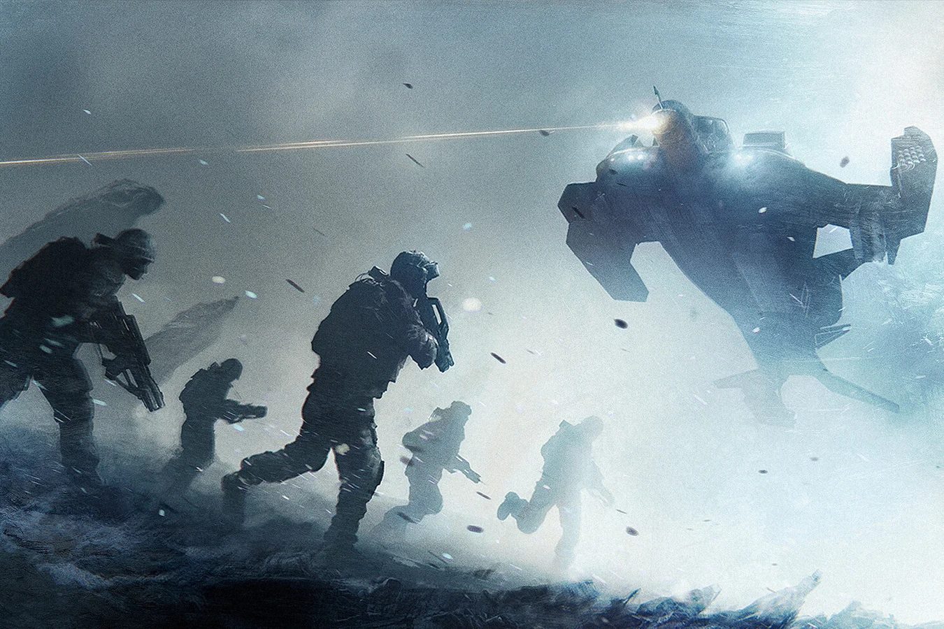 Colonial Marines move through smoke and debris as a dropship comes in low during the Frontier War