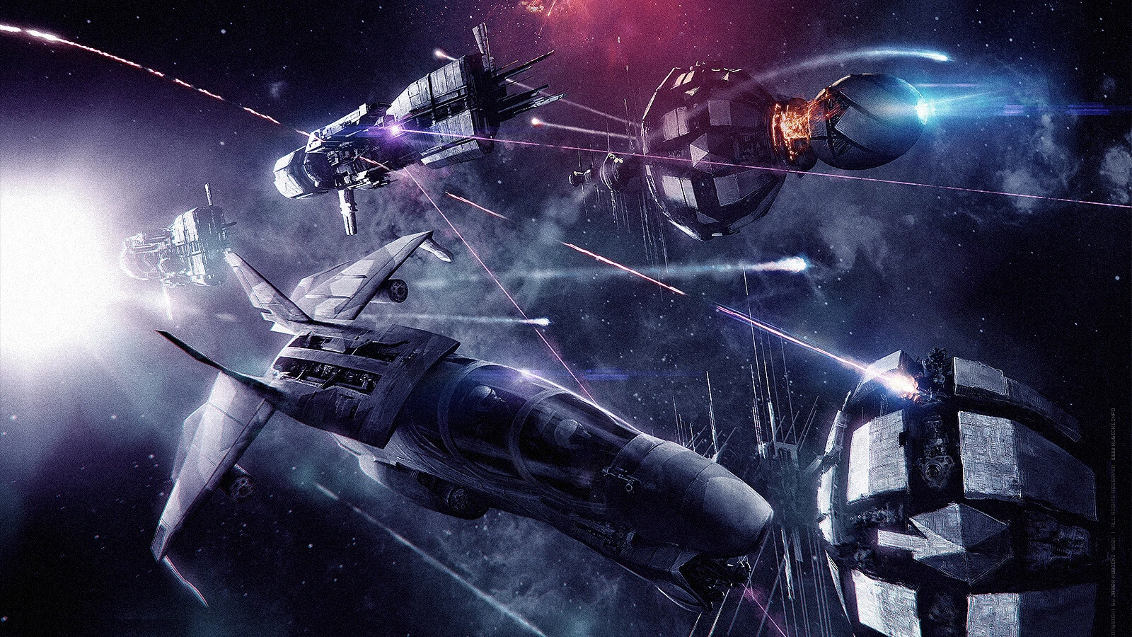 A dropship and warships exchange missile fire among orbital stations in Frontier War space combat