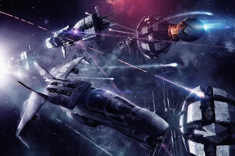A dropship and warships exchange missile fire among orbital stations in Frontier War space combat