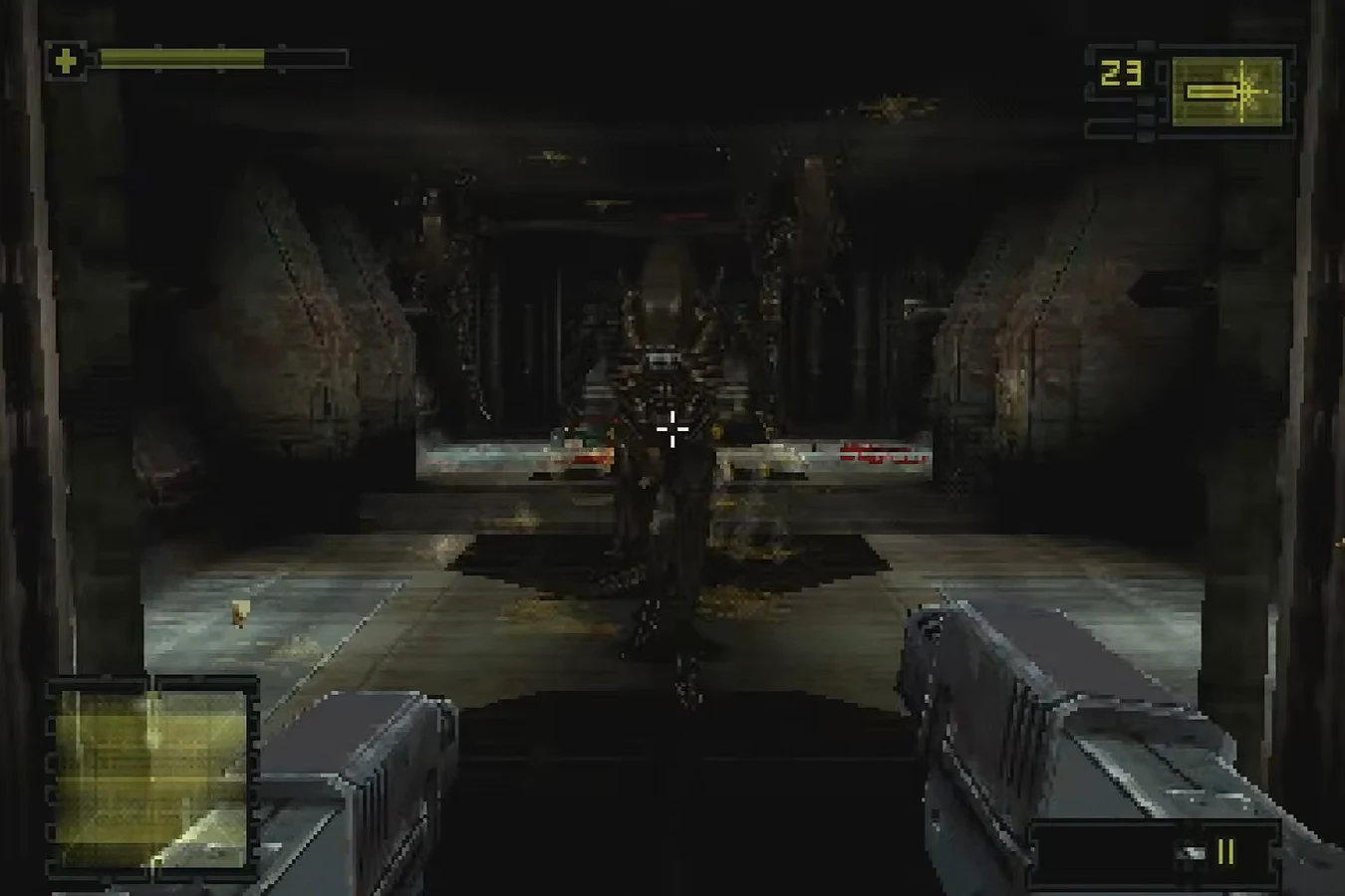 First-person view of Christie's dual pistols in the Warehouse Complex level of the Alien: Resurrection PlayStation game