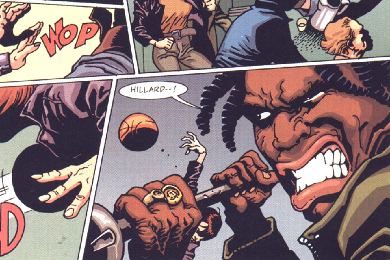 Christie swinging a barbell during the gym fight in the Dark Horse Alien Resurrection comic
