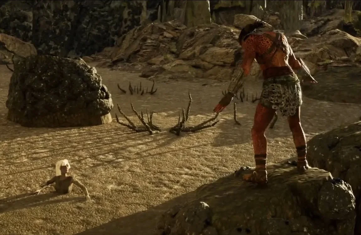 An unused scene with Dek and Thia in a sand trap with spider creatures