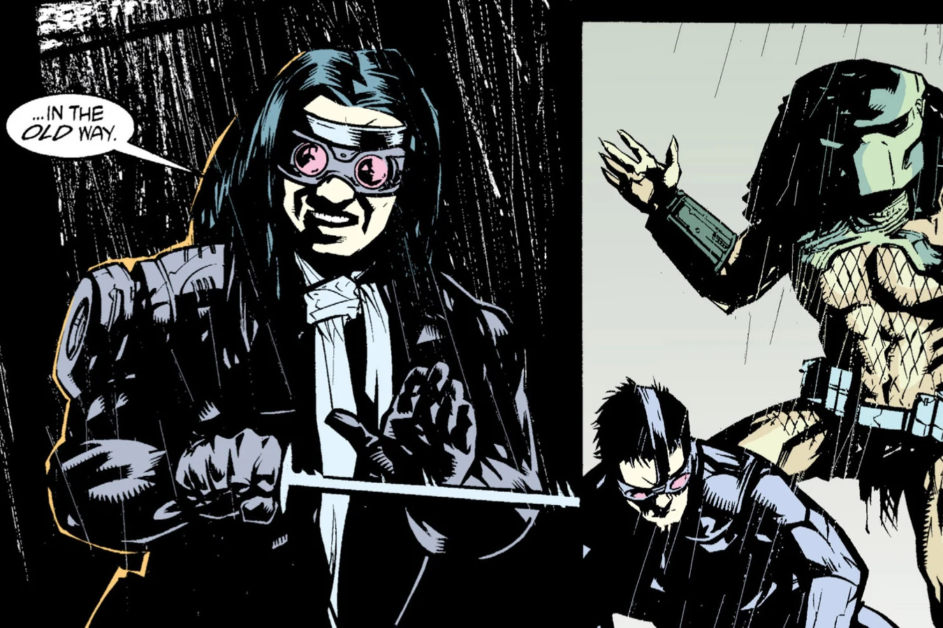 Gideon Suhn Lee in goggles holding a sword in the rain as a Predator looms behind one of his men