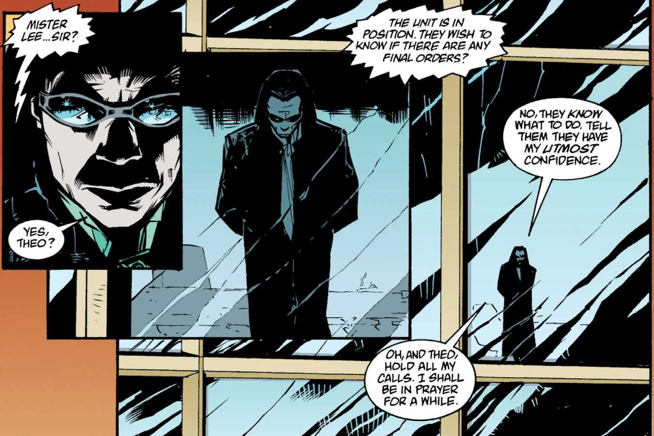 Theo in goggles reporting to Gideon Suhn Lee, who stands at a tall window and tells him to hold all his calls