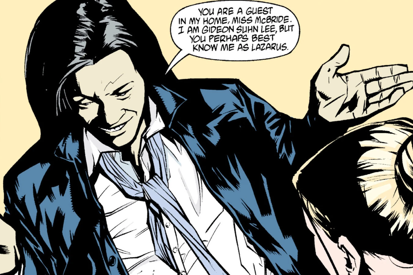 Gideon Suhn Lee smiling as he tells Rebecca McBride that she knows him as Lazarus