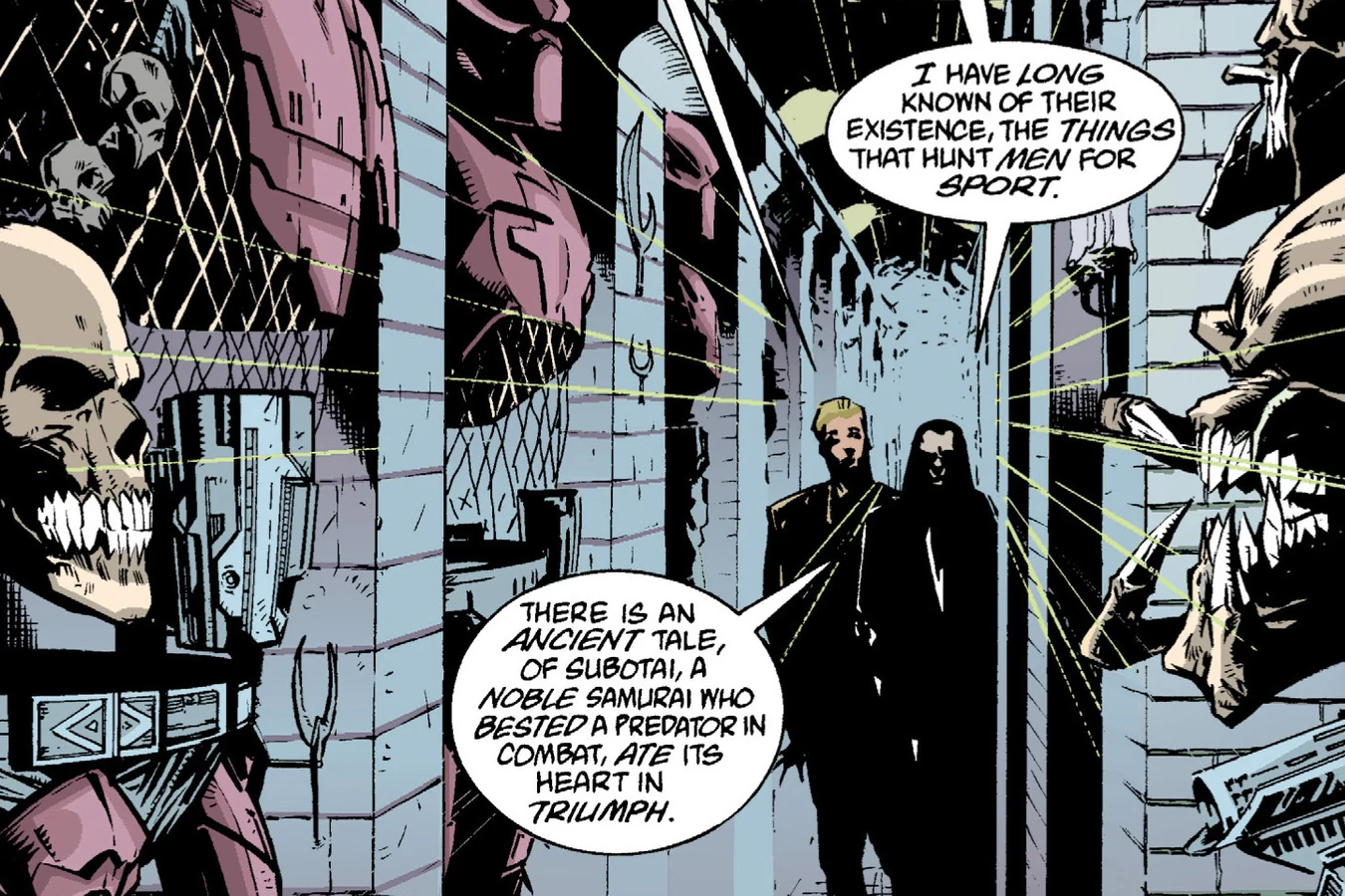 Gideon Suhn Lee and Major Cabot walking down a corridor lined with Predator skulls and masks as Gideon tells the tale of Subotai