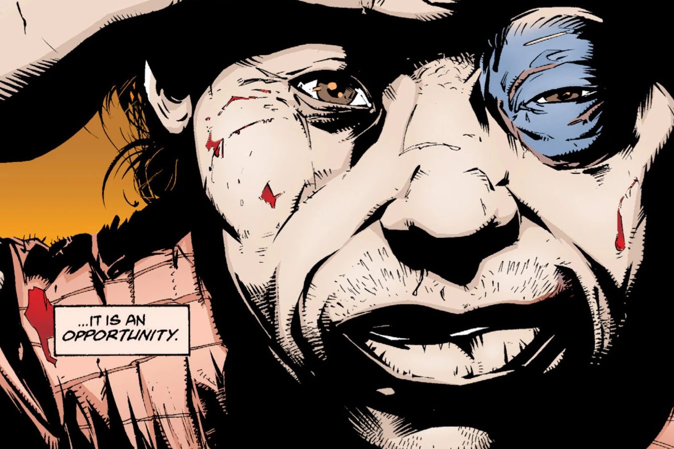 Extreme close-up of Li Yat Sen's bruised, black-eyed face under a hat with the caption It is an opportunity