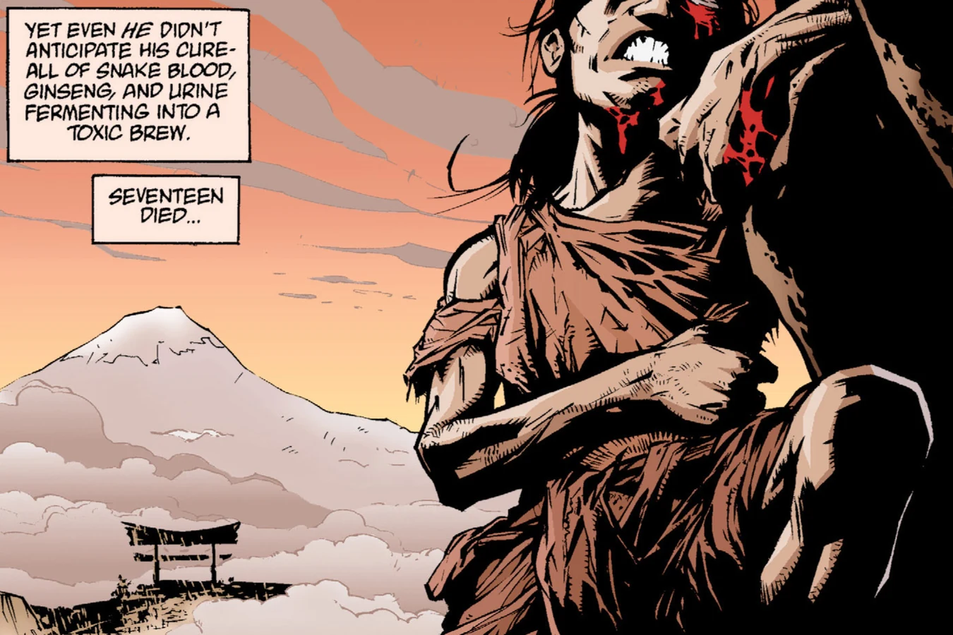 Bloodied Li Yat Sen leaning on a rock with Mount Fuji and a torii gate behind him, under the captions about his toxic cure and the seventeen who died