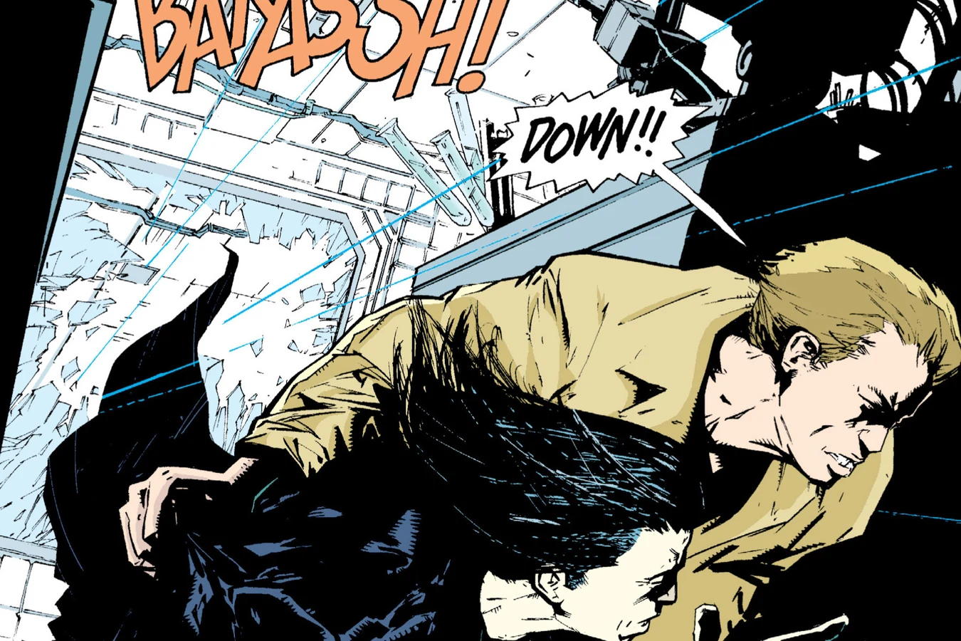 Major Cabot shoving Gideon Suhn Lee to the floor as the lab window shatters and Predator laser sights cut through the room