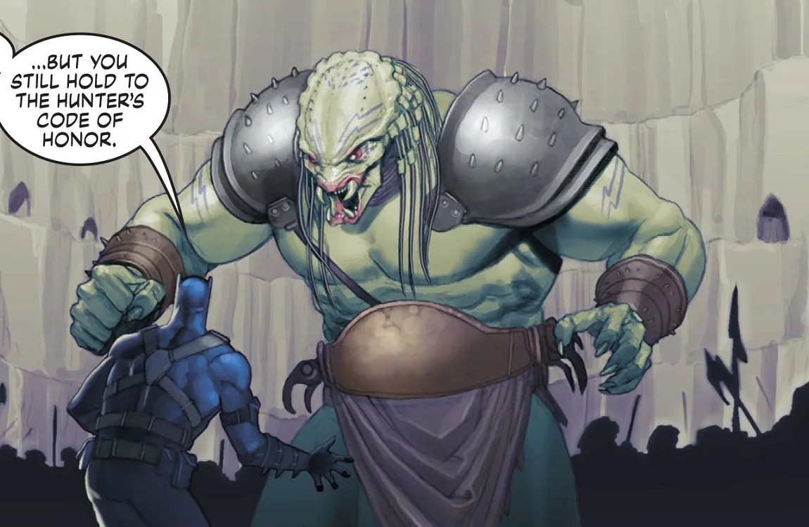 Batman fighting a Gladiator Predator in an arena