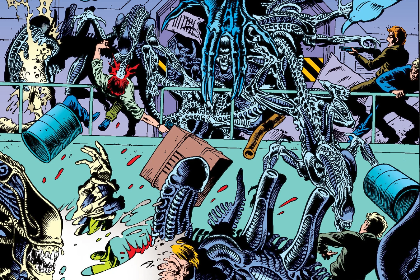 Colonists overrun by Xenomorphs during the last stand at Hadley's Hope in Aliens: Newt's Tale