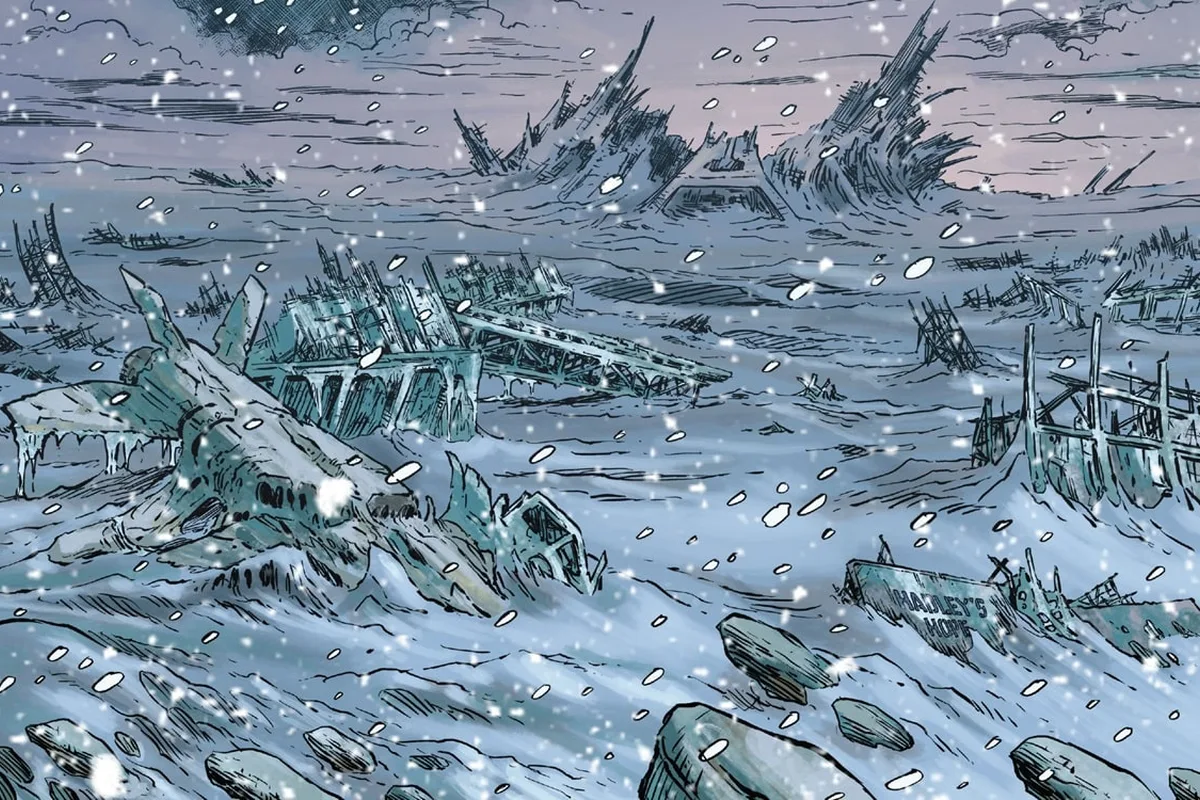 Ashen nuclear-winter conditions over the ruins of Hadley's Hope on LV-426