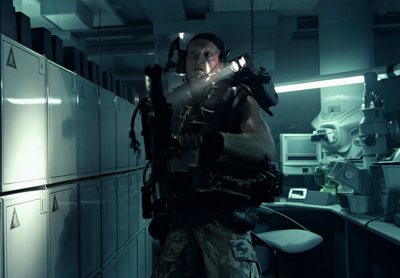 Drake with a smartgun inside Hadley's Hope Medlab