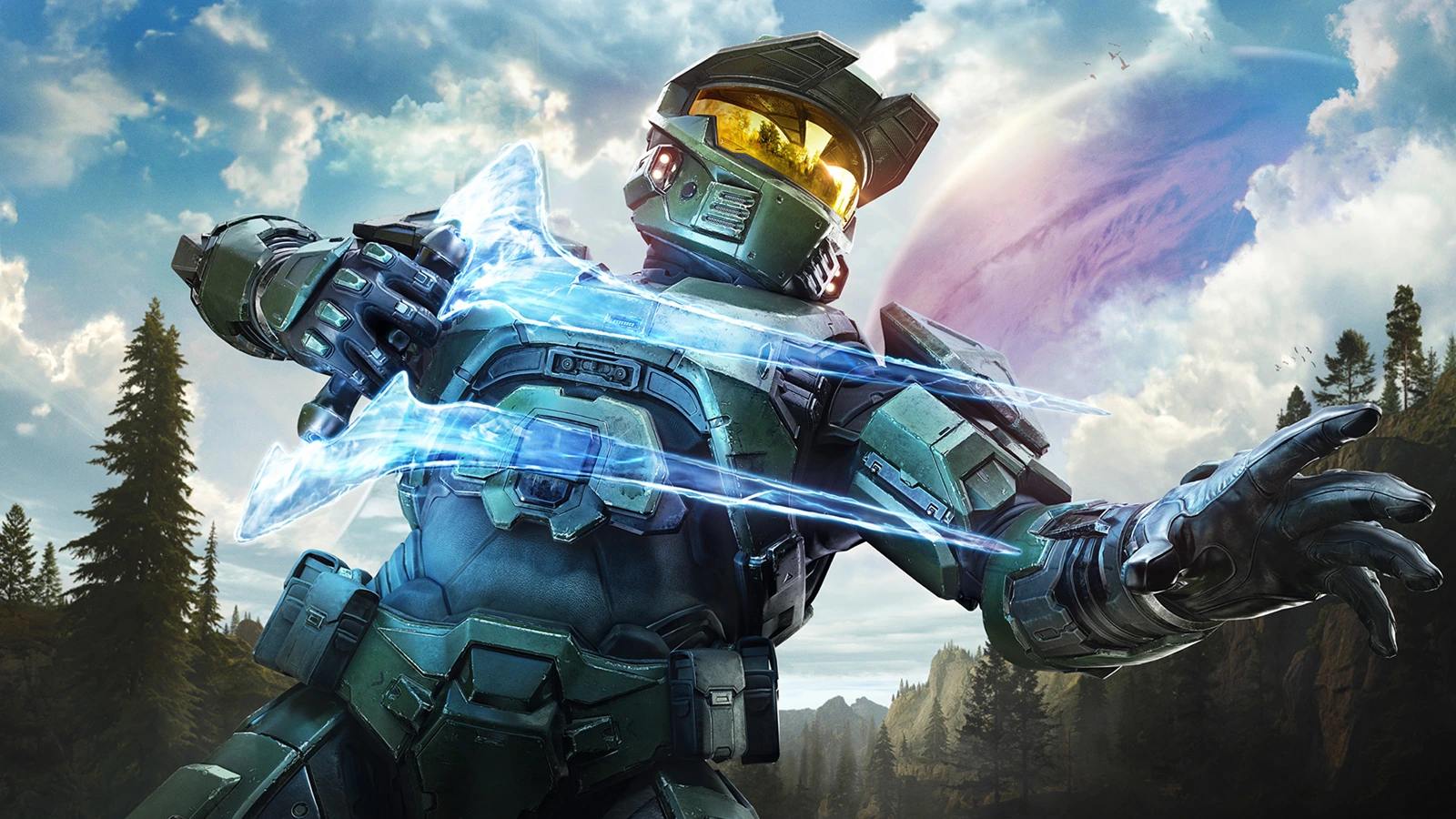 A Spartan in green MJOLNIR armour with a gold visor holding a glowing blue energy sword against a forest and a ringworld sky