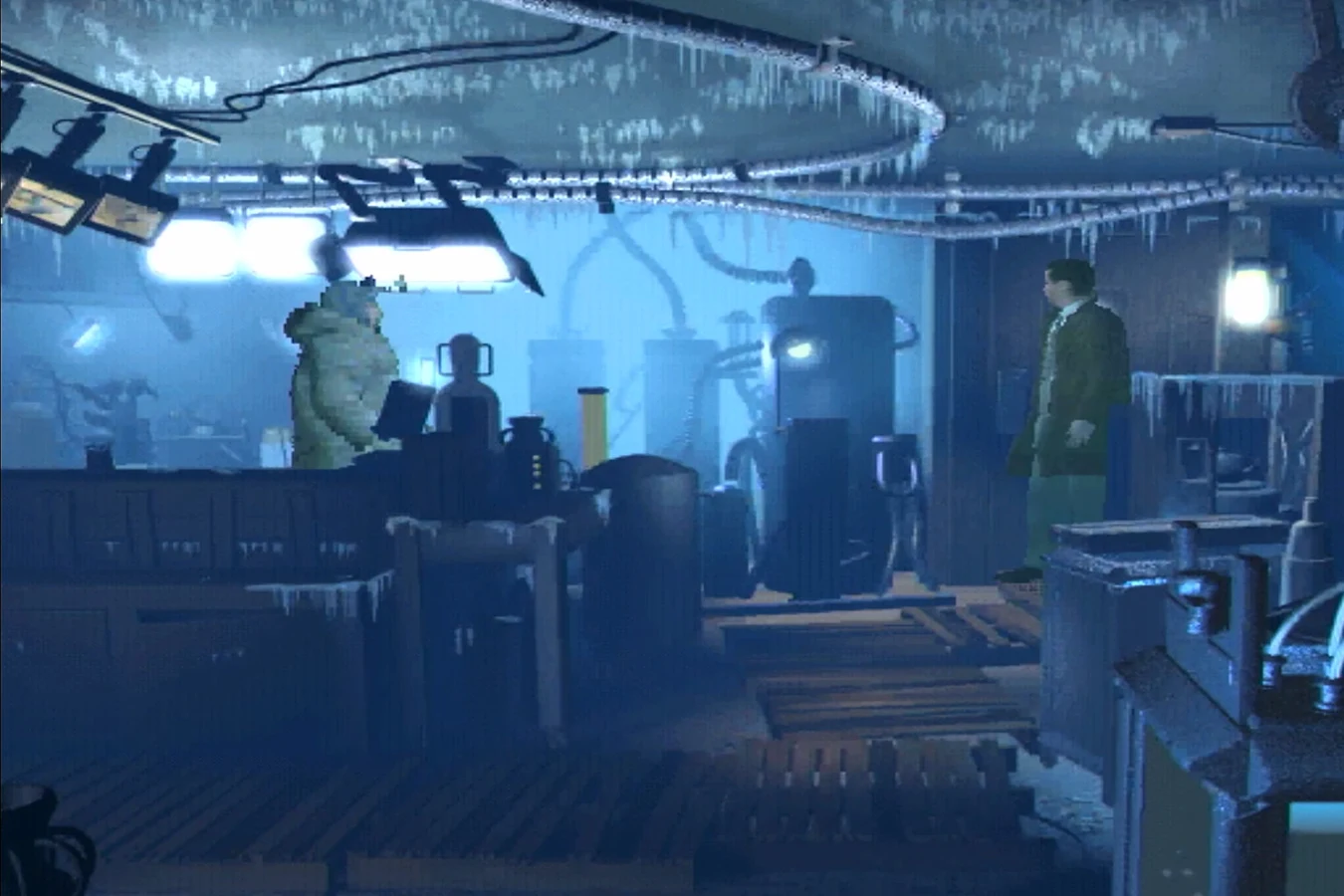 Ray McCoy standing in Chew's icicle-covered eye lab while Chew in a fur coat works at a bench in the Westwood Blade Runner game