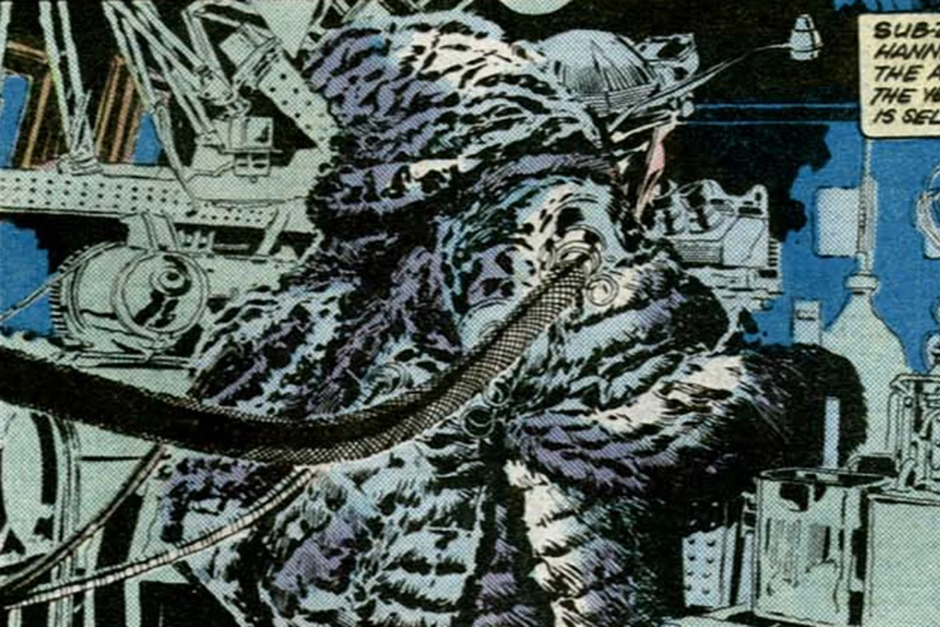 Chew seen from behind in a shaggy fur coat with a heating hose, working among frozen lab machinery in the Marvel Blade Runner comic