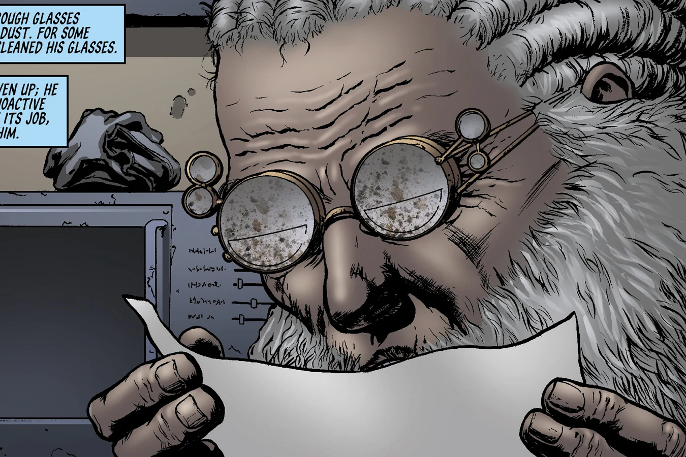 Hannibal Sloat reading a sheet of paper through dust-covered round glasses in the BOOM! Studios Do Androids Dream of Electric Sheep? comic