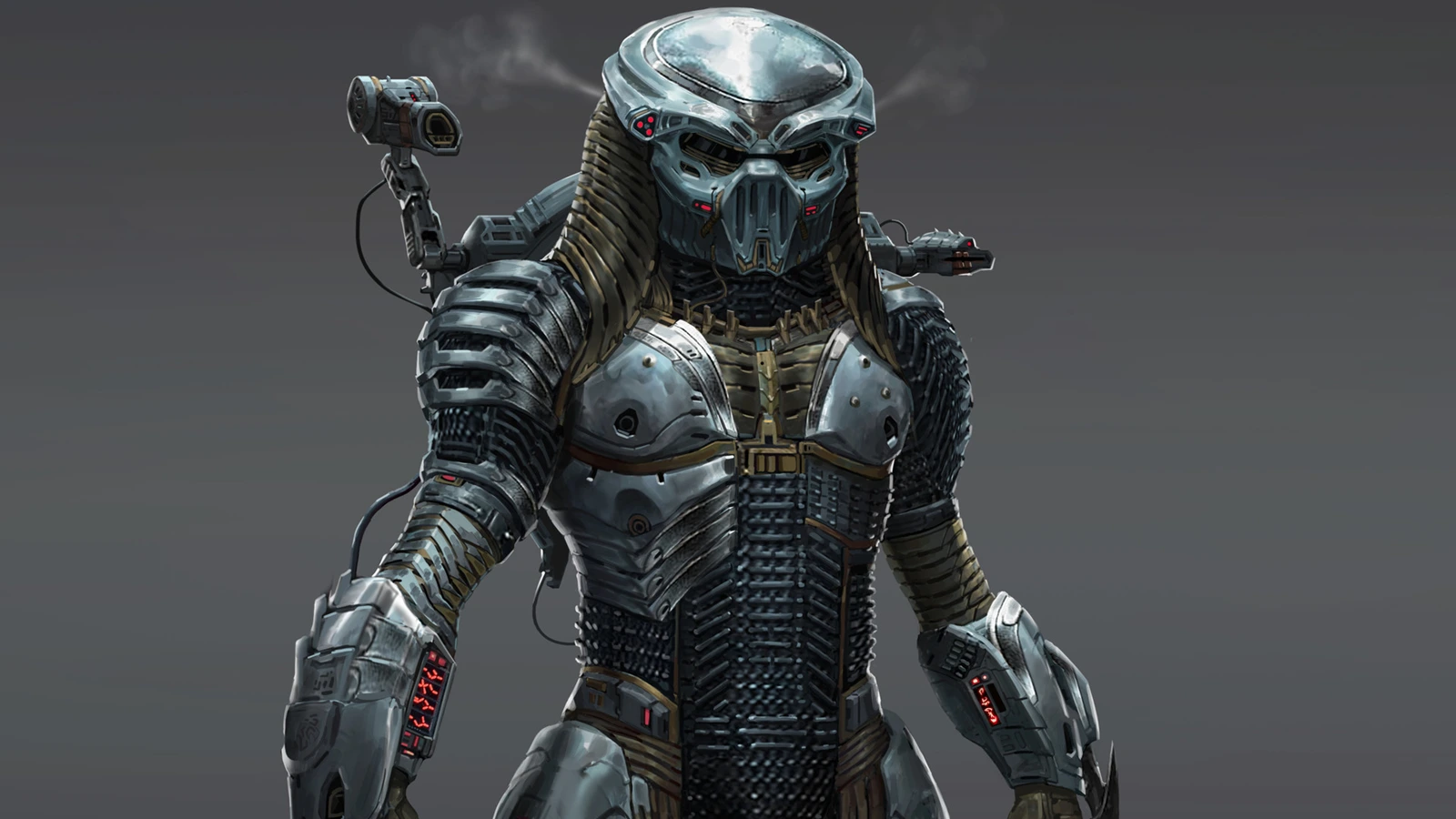 Hashori, a masked female Yautja in silver armor