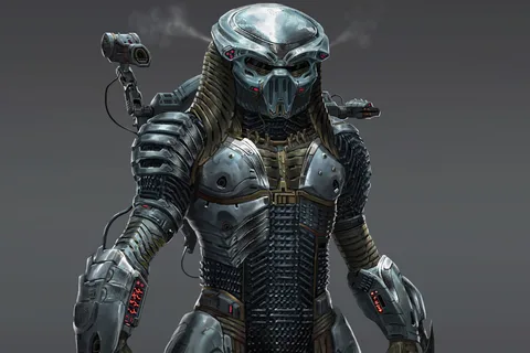 Hashori, a masked female Yautja in silver armor