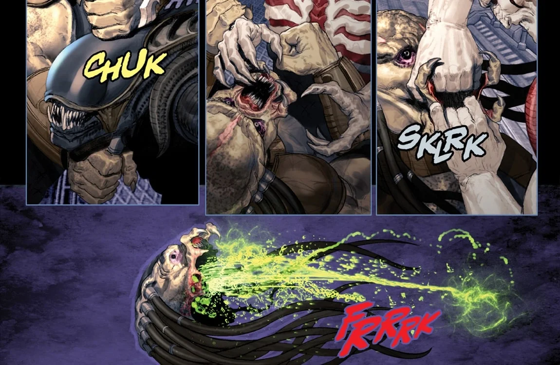 A Predator gets beheaded in the AvP: Fire And Stone series