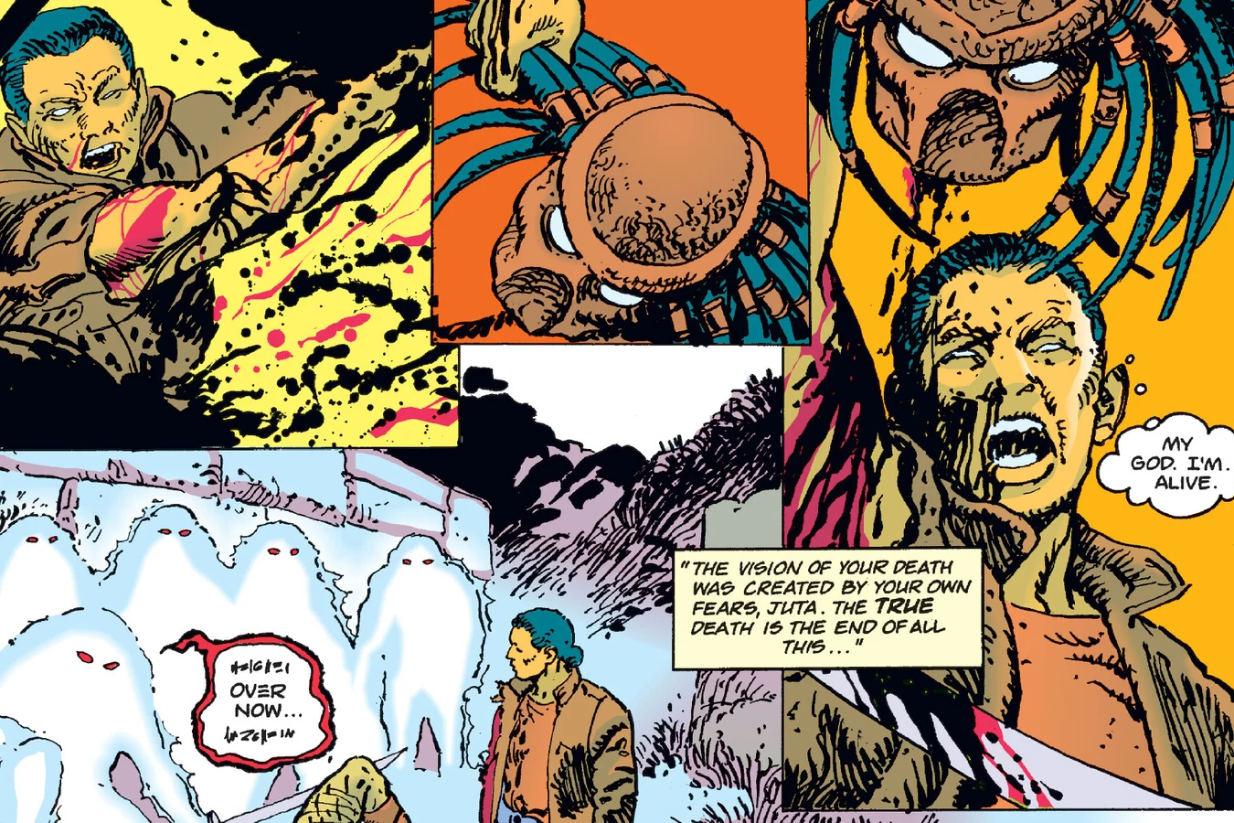 Juta holding the severed head of the Predator as cloaked hunters gather on the ruined wall behind him in Predator: Blood Feud