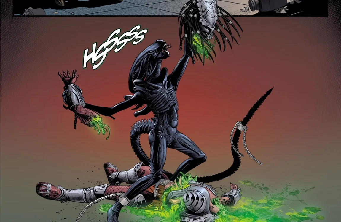 Splitter Predator has his head removed by a Xenomorph in AvP: Thicker Than Blood