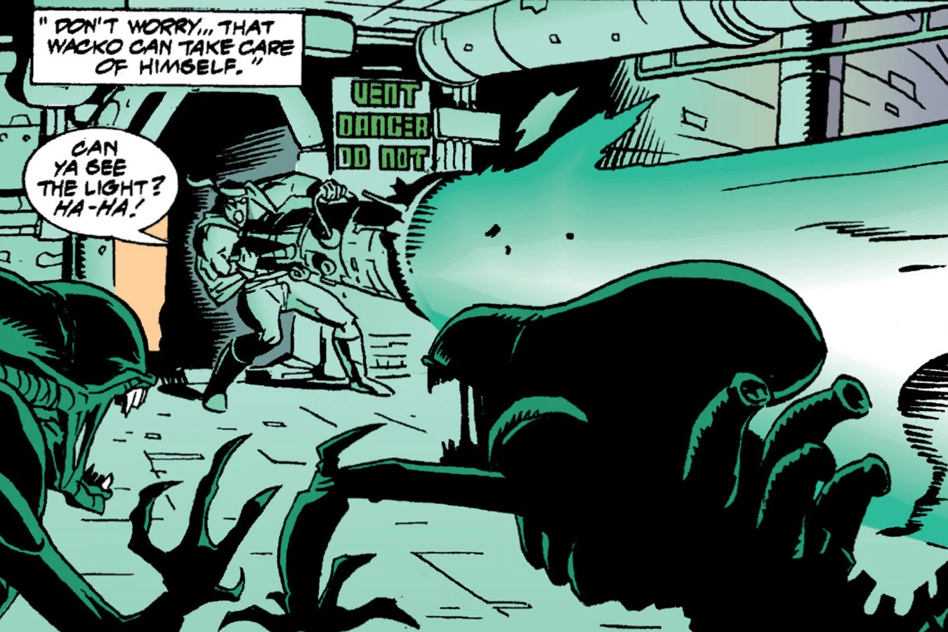 Herk Mondo firing an improvised industrial beam weapon at Xenomorphs in Aliens: Mondo Heat