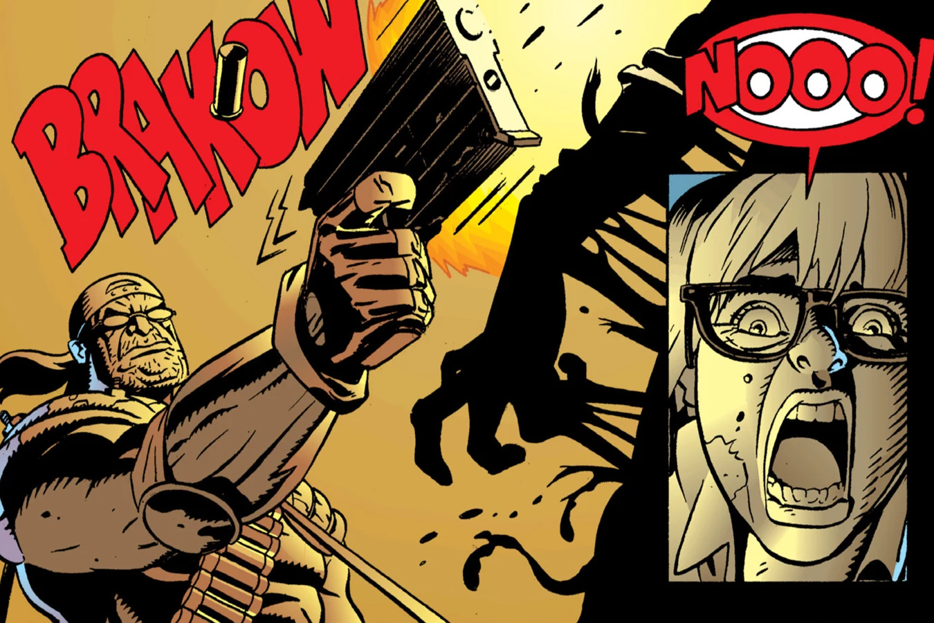 Herk Mondo firing a heavy pistol at a Xenomorph during the Oryza hive fight in Aliens: Mondo Pest