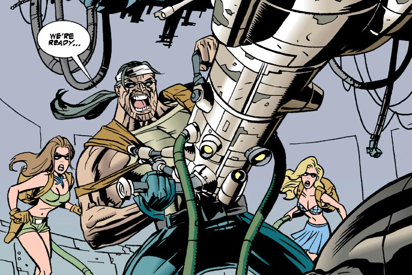 Herk Mondo with Kayla and Suzi aiming an improvised industrial weapon in Aliens: Mondo Heat
