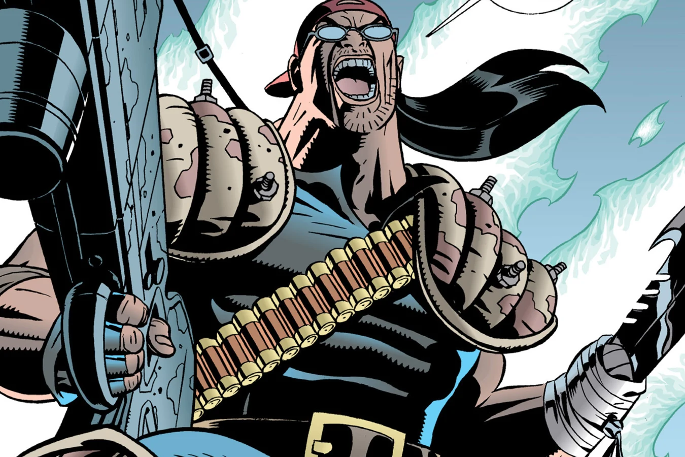 Herk Mondo with a knife bound to his bandaged stump after losing a hand in Aliens: Mondo Pest
