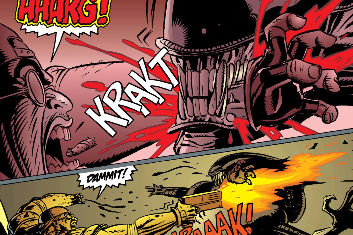 A Xenomorph biting off Herk Mondo's right hand in Aliens: Mondo Pest