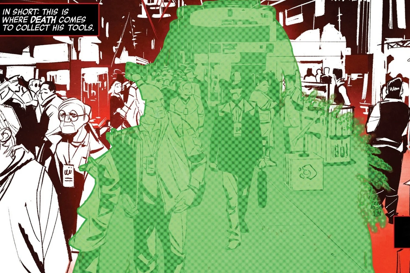 The cloaked outline of Hishinde moving through the crowd at the Bay-O-Net conference in Predator: Black, White & Blood #1