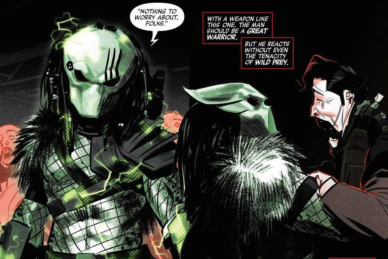 Hishinde decloaking in its slash-marked mask and fur mantle beside the startled Bay-O-Net salesman in Predator: Black, White & Blood #1
