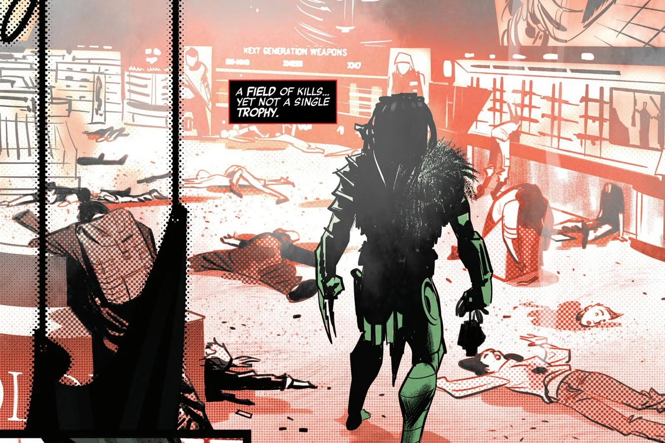 Hishinde walking away through a hall of bodies at the Bay-O-Net conference, wristblades out and badges in hand, in Predator: Black, White & Blood #1