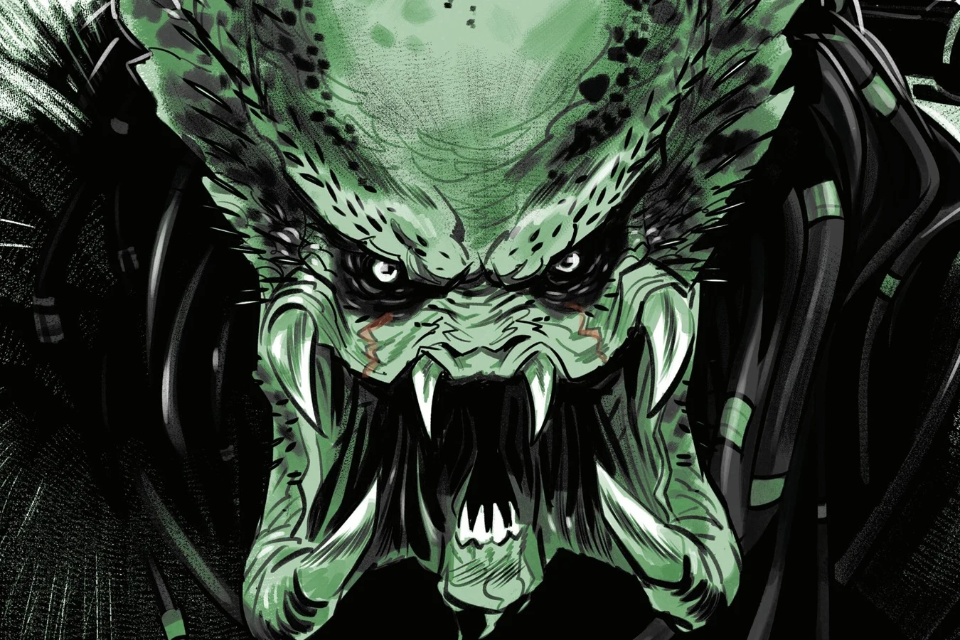 Close-up of the unmasked Hishinde baring its mandibles, with orange marks under its eyes, in Predator: Black, White & Blood #1